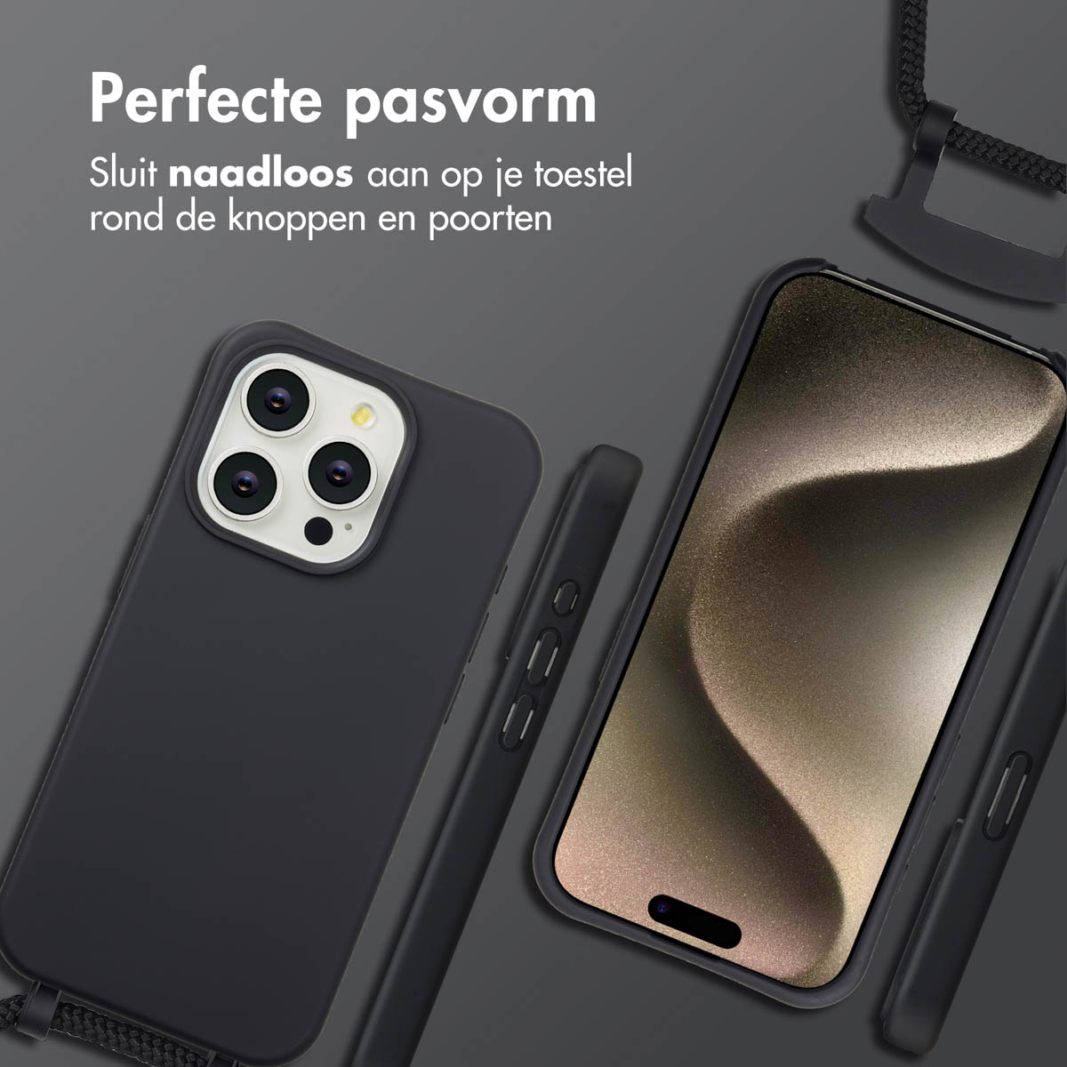 Deux smartphones noirs avec étuis sont présentés sur une surface grise, l'un avec un protecteur d'écran. Accessoires en haut.