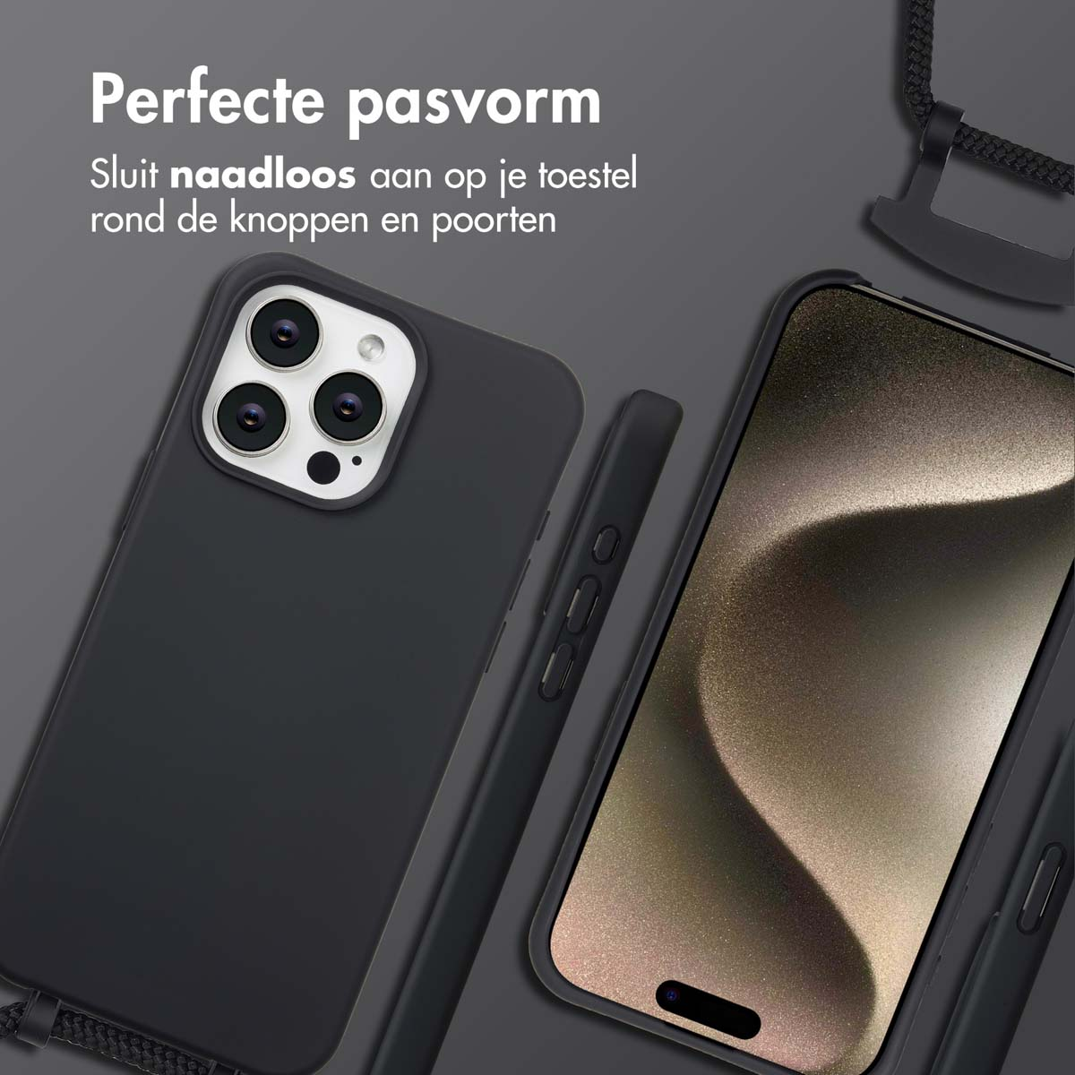 Twee zwarte smartphones met beschermhoesjes, één met scherm. Tekst bovenaan: Perfecte pasvorm. Donkergrijze achtergrond met riem.