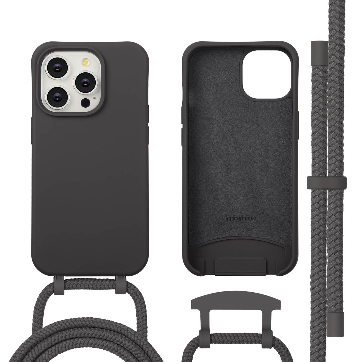 Een donkergrijze telefoonhoes met een koord, een aparte telefoonhoes en een koordriem worden weergegeven. De merknaam 'Imoshion' is zichtbaar.