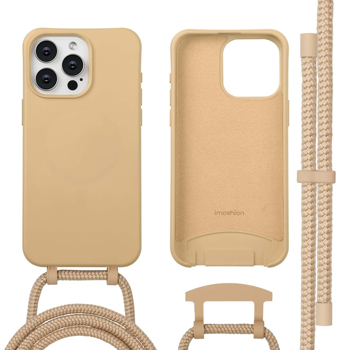 Een beige telefoonhoesje met koord en een apart hoesgedeelte. De telefoonhoes wordt vanuit verschillende hoeken getoond, onderdelen zijn gescheiden.