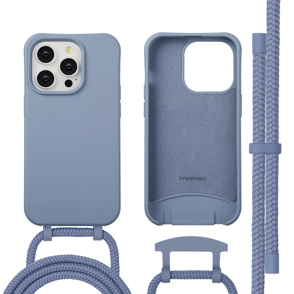 Een lichtblauwe telefoonhoes met een gevlochten koord. De hoes bestaat uit drie delen, met de telefoon, de achterkant en het koord.