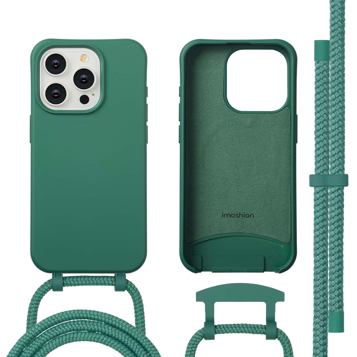 Groene telefoonhoesjes set met een koord. Bevat een voor-, achter- en binnenzicht van de hoes. Het koord is groen.