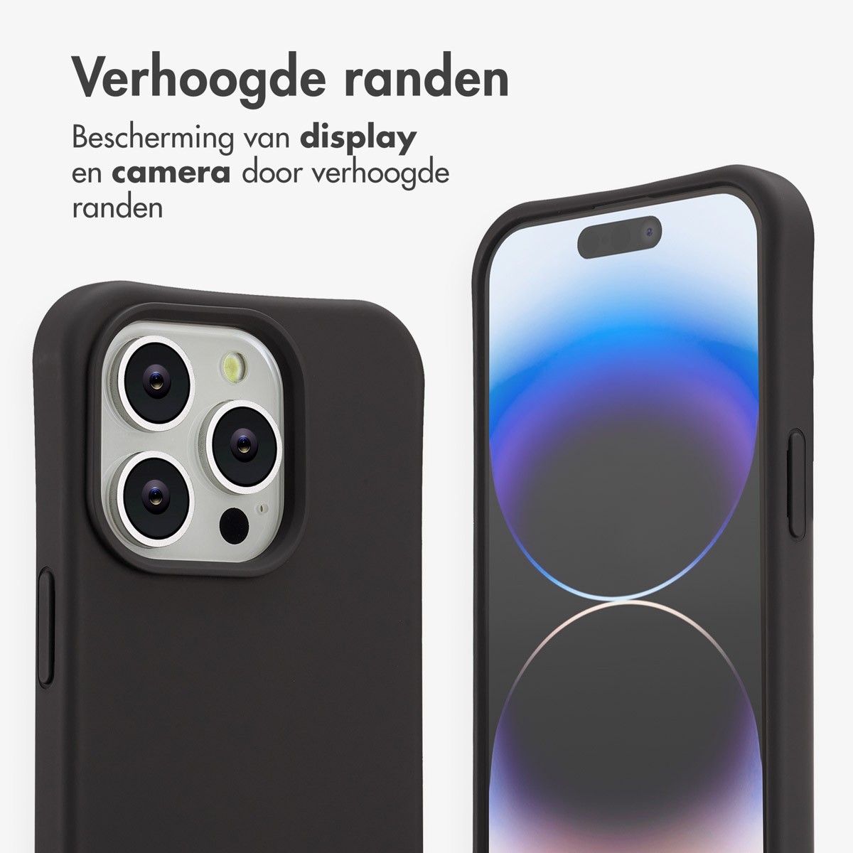 Twee zwarte telefoonhoesjes met een telefoon erin. De hoesjes beschermen het scherm en de camera. Tekst benadrukt verhoogde randen.