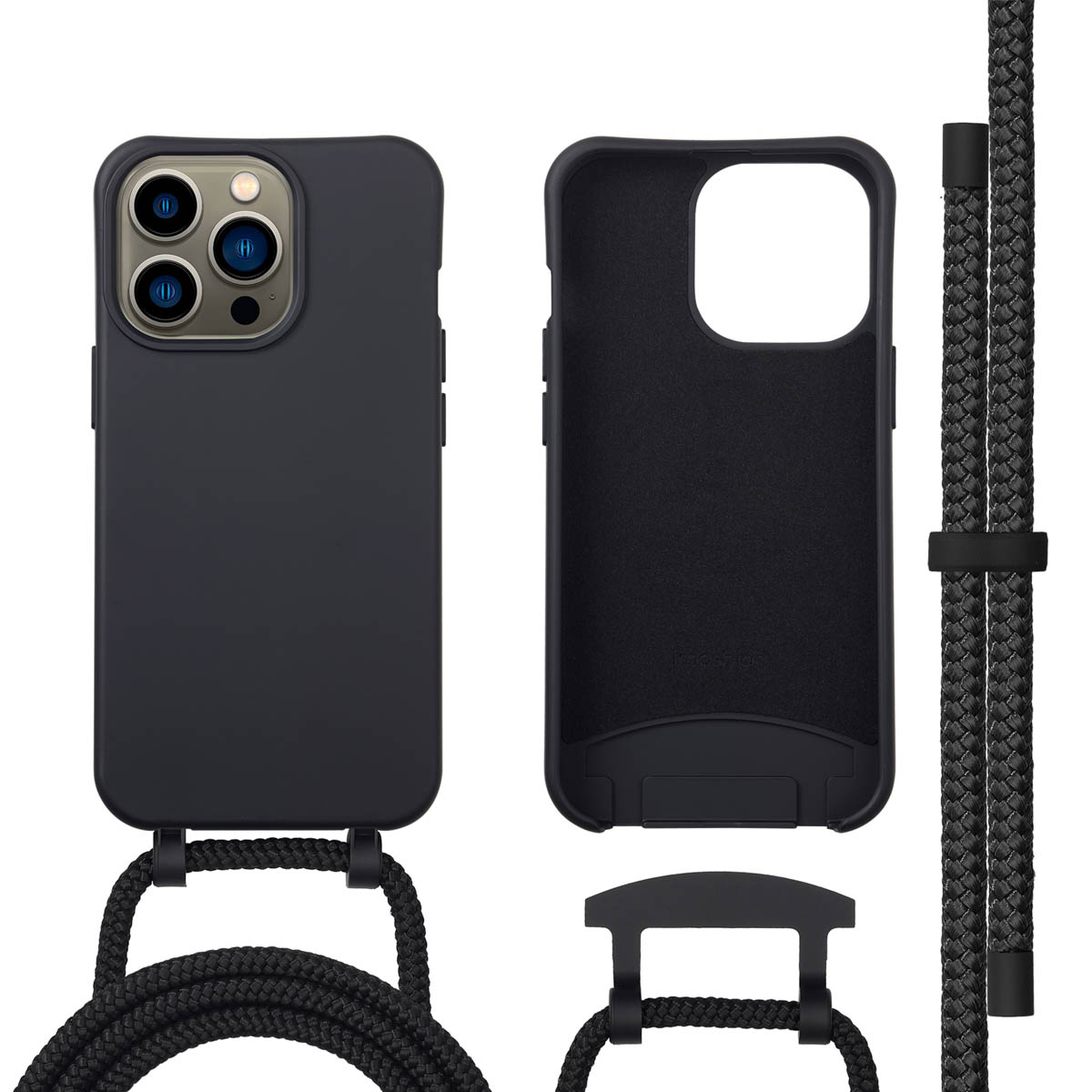 Zwarte iPhone-hoes en koordset. Bevat telefoonhoes met koord, lege hoes en het koord zelf.