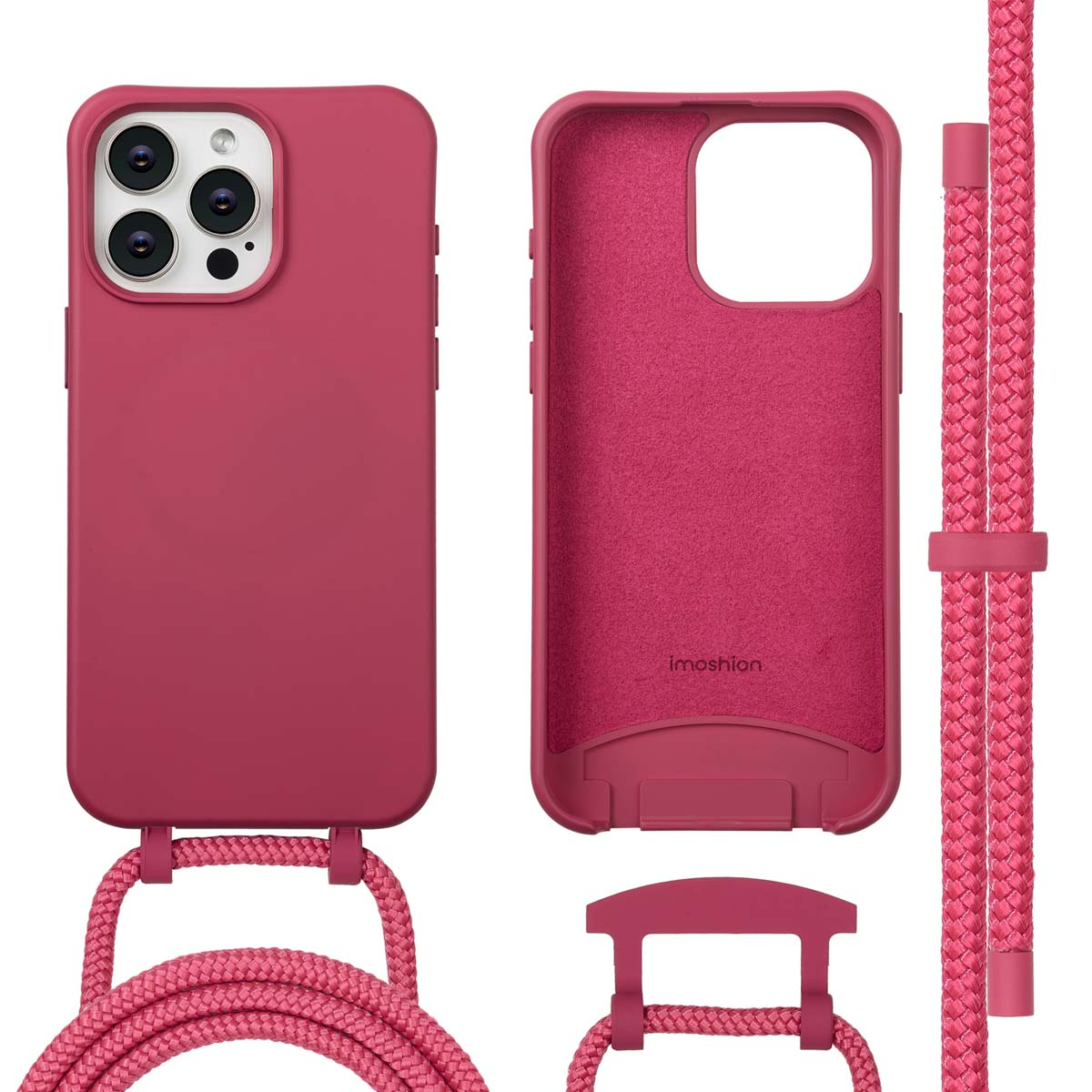 Een roze telefoonhoesje, een open hoesje en een koord. De hoes heeft uitsparingen voor de camera. Het koord is van roze gevlochten touw.