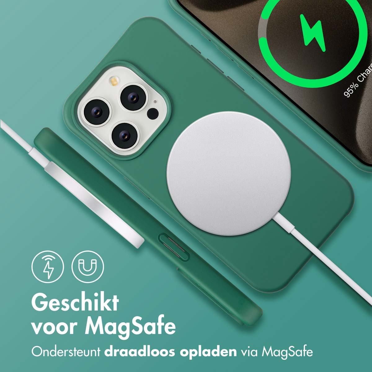 Groene telefoonhoes met een witte MagSafe-oplader. Telefoonscherm toont een oplaadicoon. Tekst: Geschikt voor MagSafe, draadloos opladen.