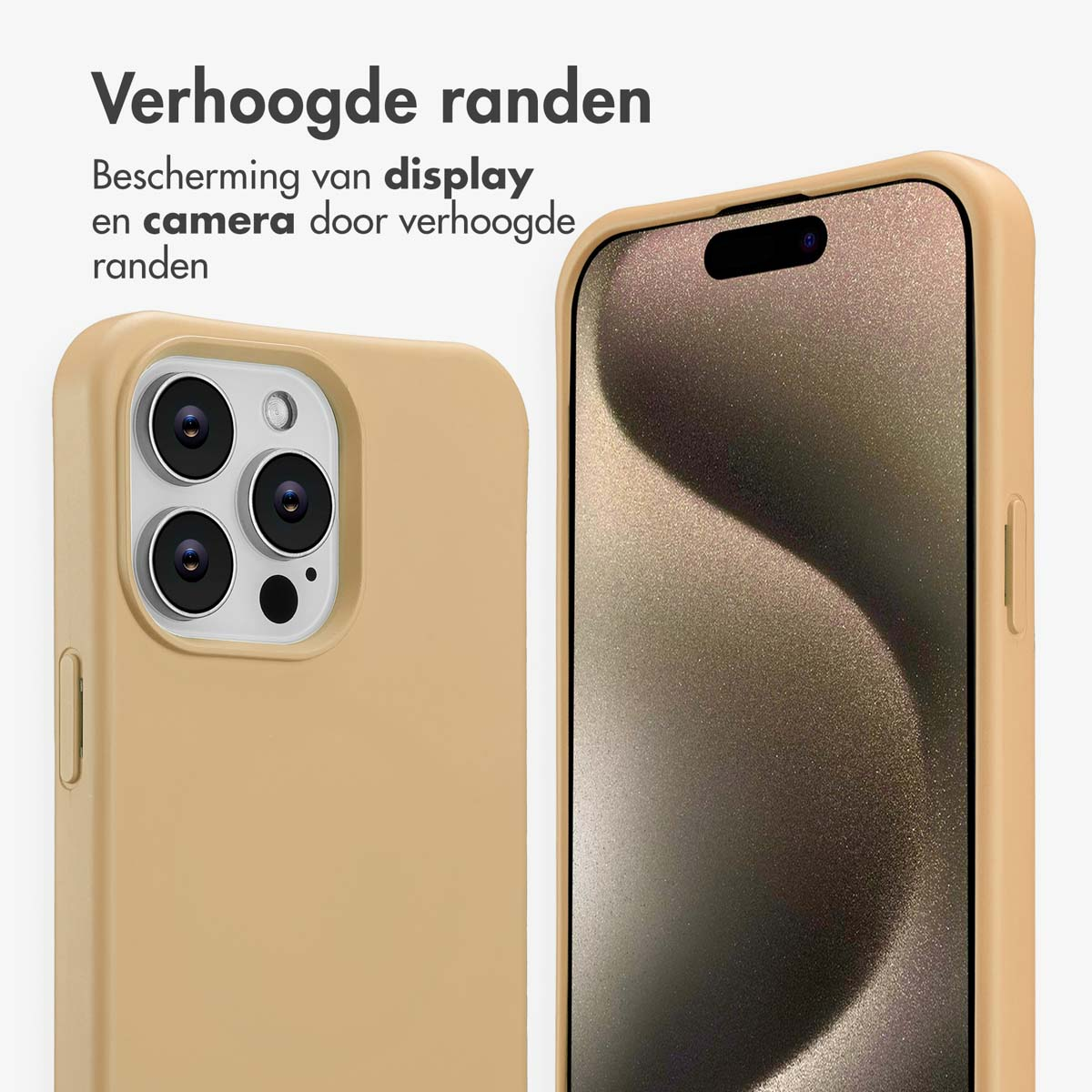 Close-up van twee smartphones in lichtbruine hoesjes. Eén toont camera's, de ander het scherm. Tekst: 'Verhoogde randen'.