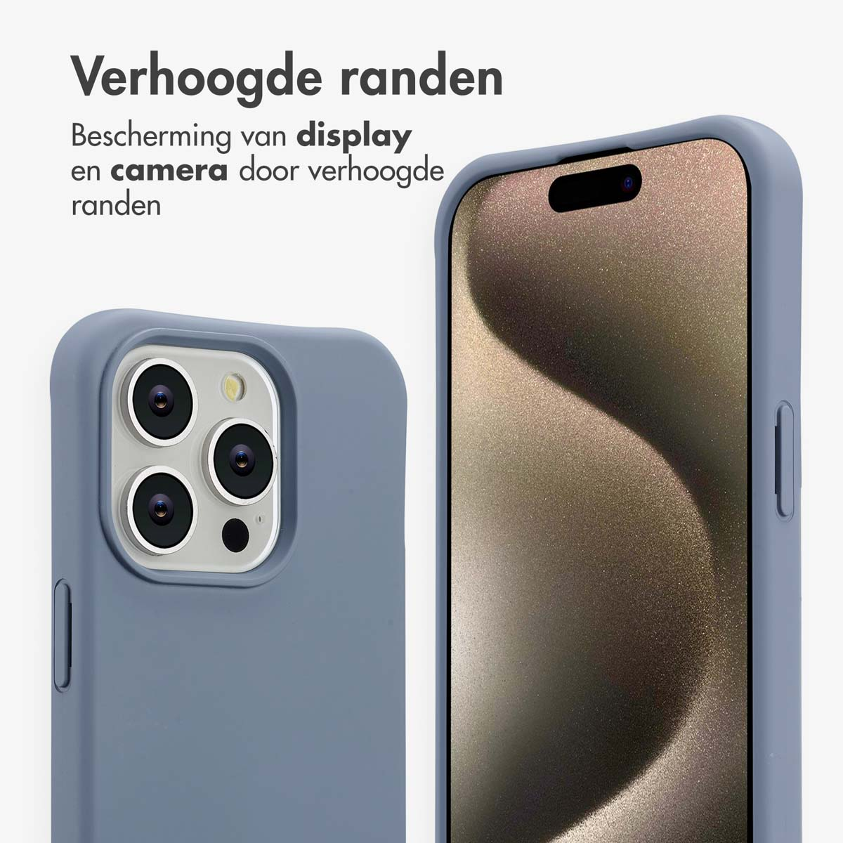 Twee blauwe telefoonhoesjes, één met zichtbare cameralenzen. De schermen tonen een bruine gradiënt. Tekst in het Nederlands.