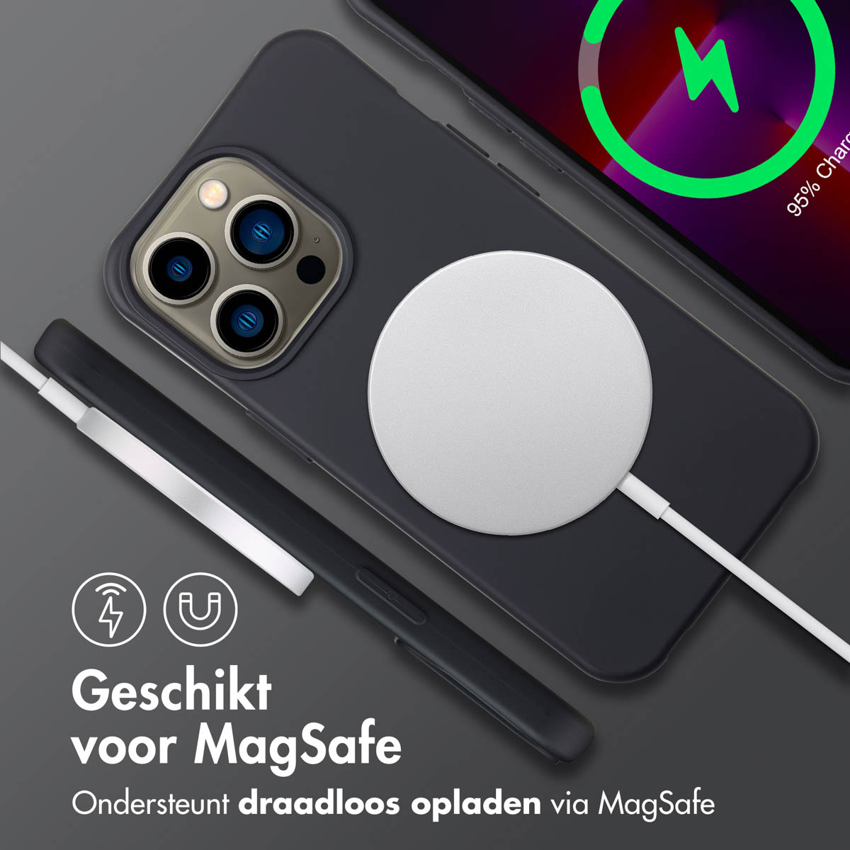 Een zwarte telefoon met een MagSafe-oplader. Een oplaadsymbool op het scherm. Tekst zegt 'Geschikt voor MagSafe' en 'draadloos opladen'.