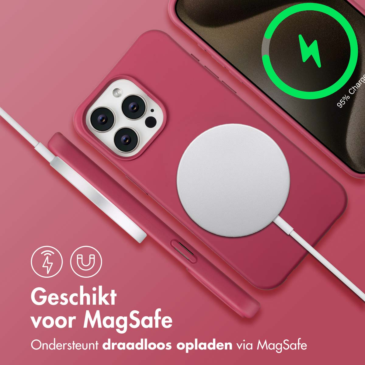 Een magenta telefoon met een MagSafe-oplader laadt op. Een telefoonhoes en een oplaadpad worden getoond, met een indicator.