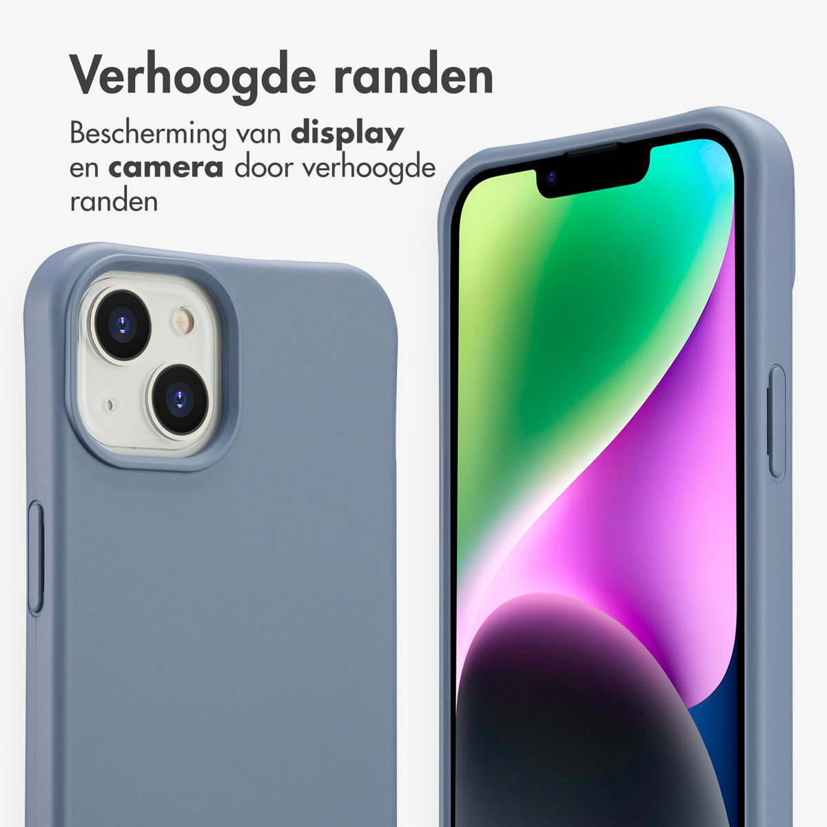 Een smartphone in een blauwe hoes. Het scherm toont een kleurrijk beeld. De hoes heeft verhoogde randen.
