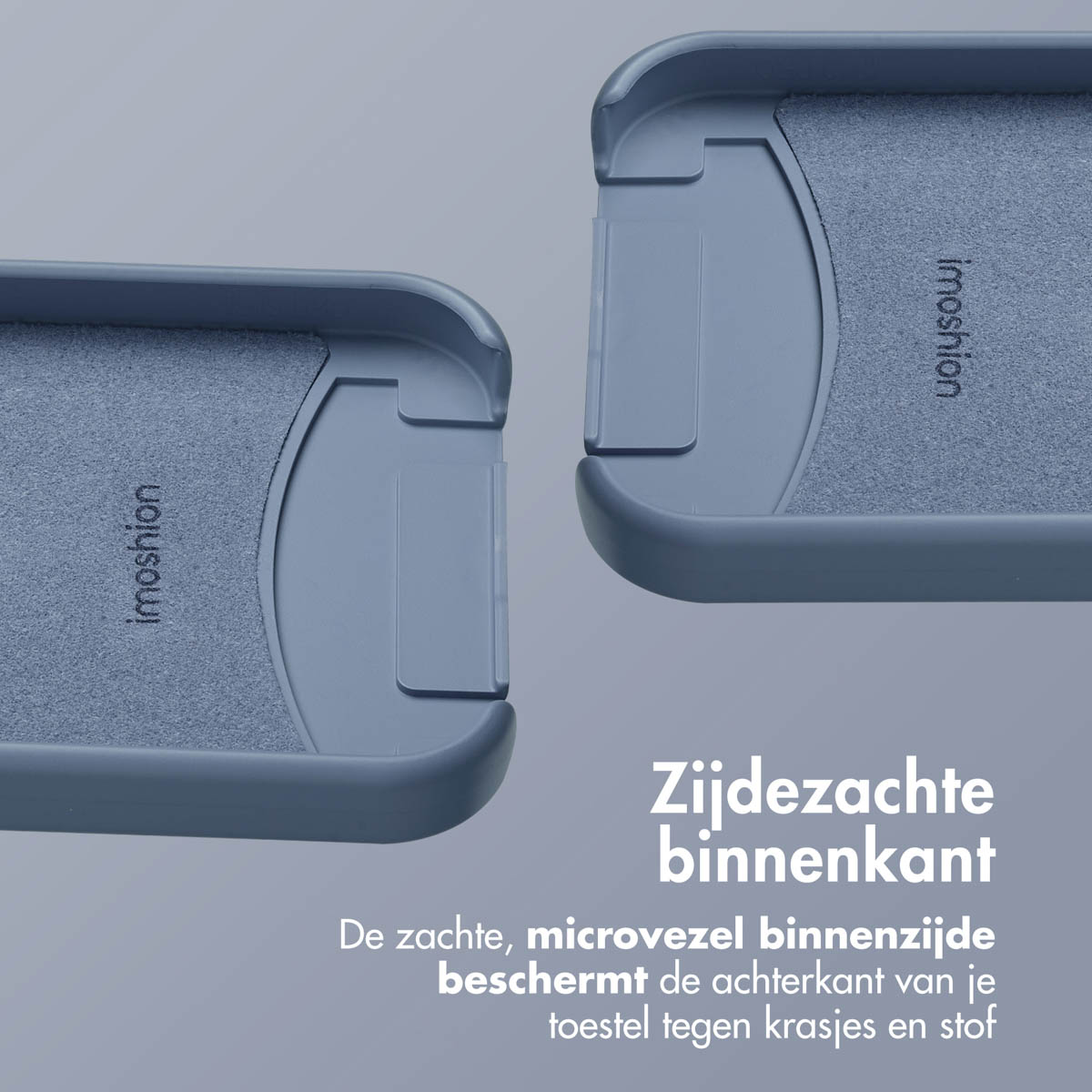 Twee blauwe telefooncase-onderdelen met 'imoshion'-tekst, tegen lichtgrijze achtergrond. Tekst: 'Zachte binnenkant' en productinfo.