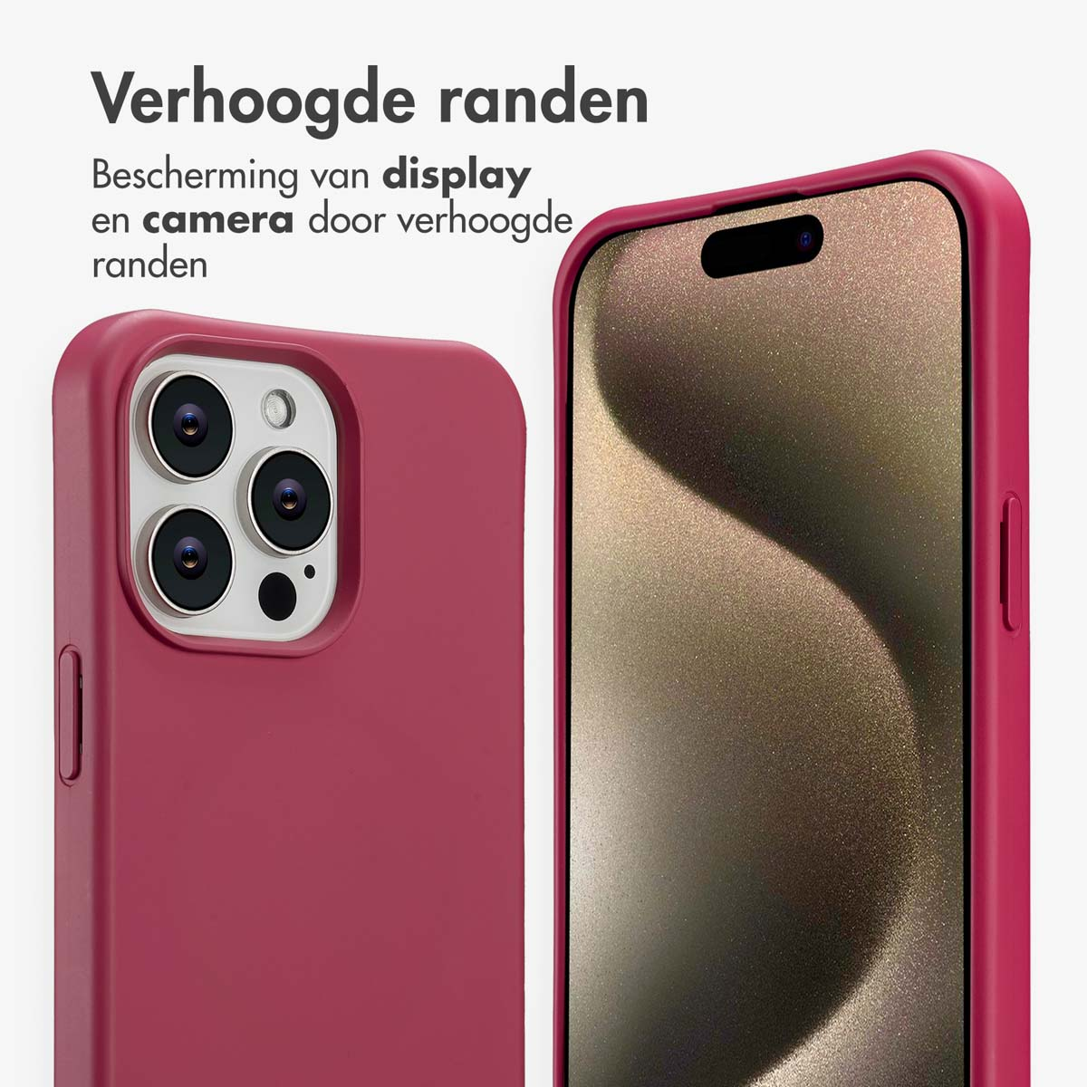 Een close-up van twee rode telefoonhoesjes, één met camera-uitsparingen, de andere met het scherm zichtbaar. Tekst: 'Verhoogde randen'.