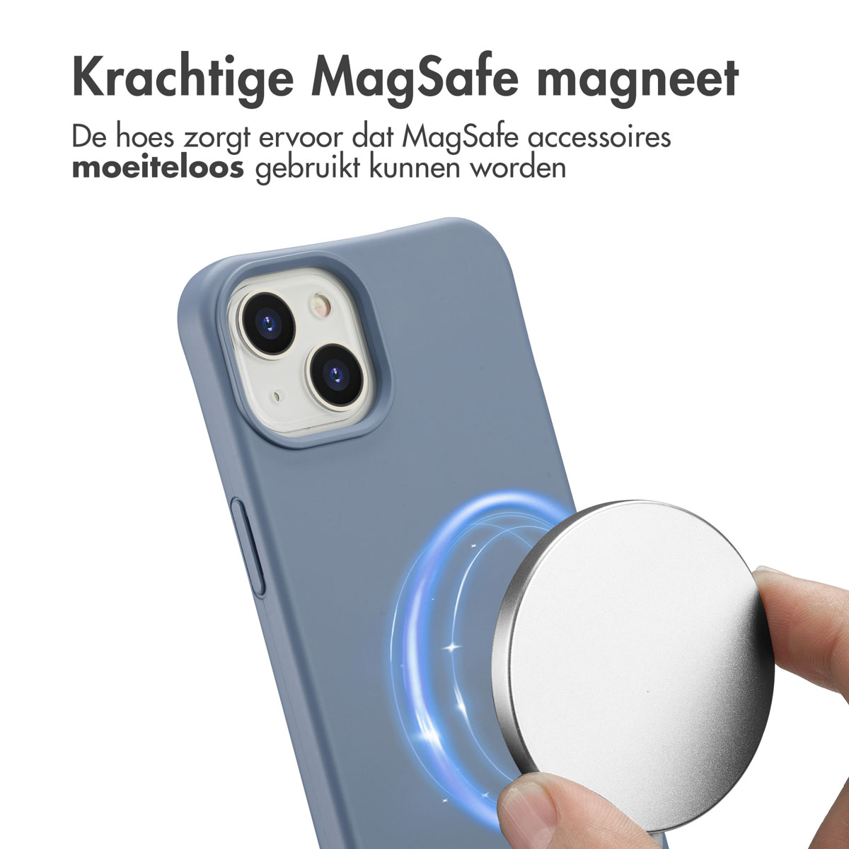 Een blauwe telefoonhoes met een zilveren MagSafe-magneet in de hand. Bovenin staat 'Krachtige MagSafe magneet'.