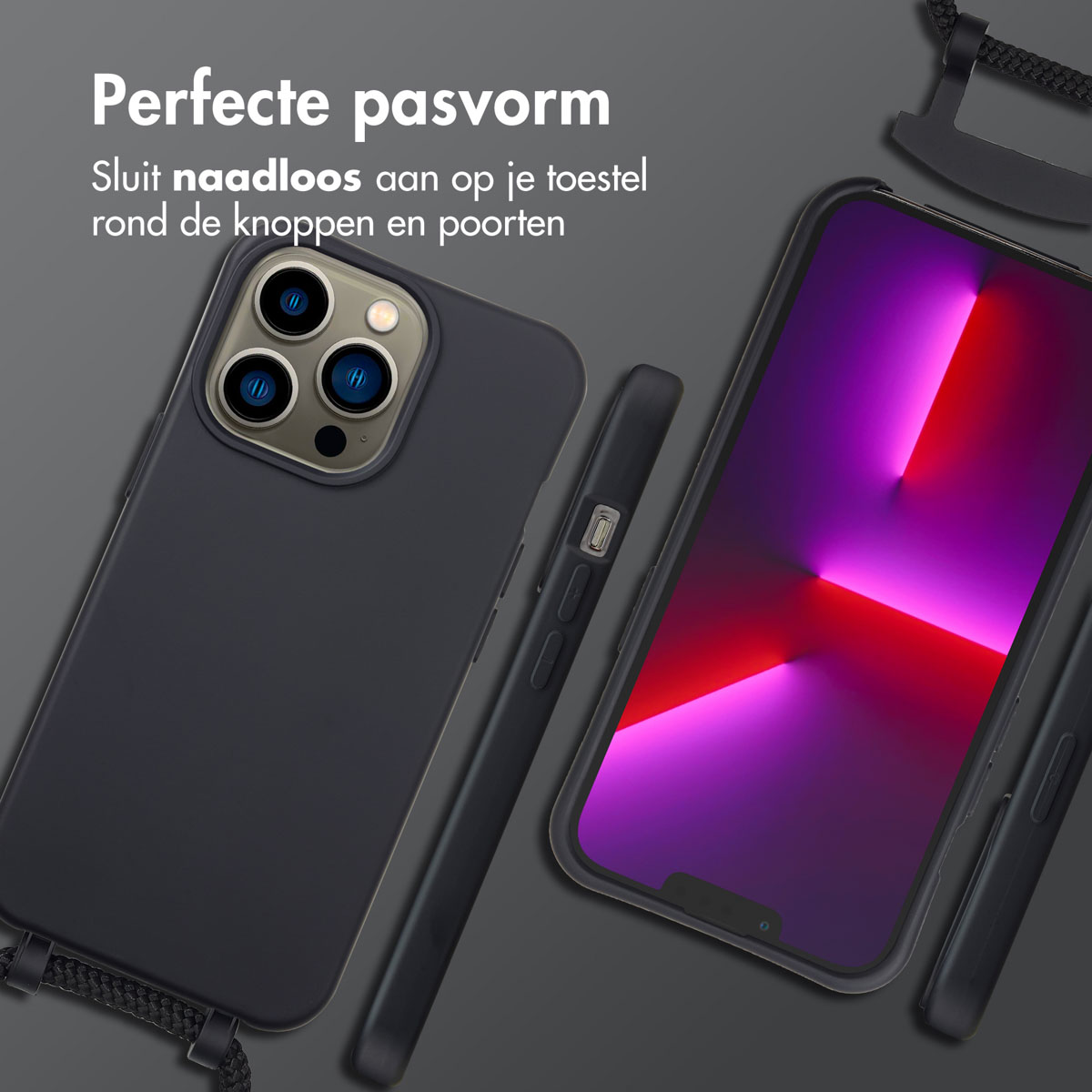 Twee donkerblauwe telefoonhoesjes met een telefoon erin en een riem. De schermen tonen paars en rood licht.