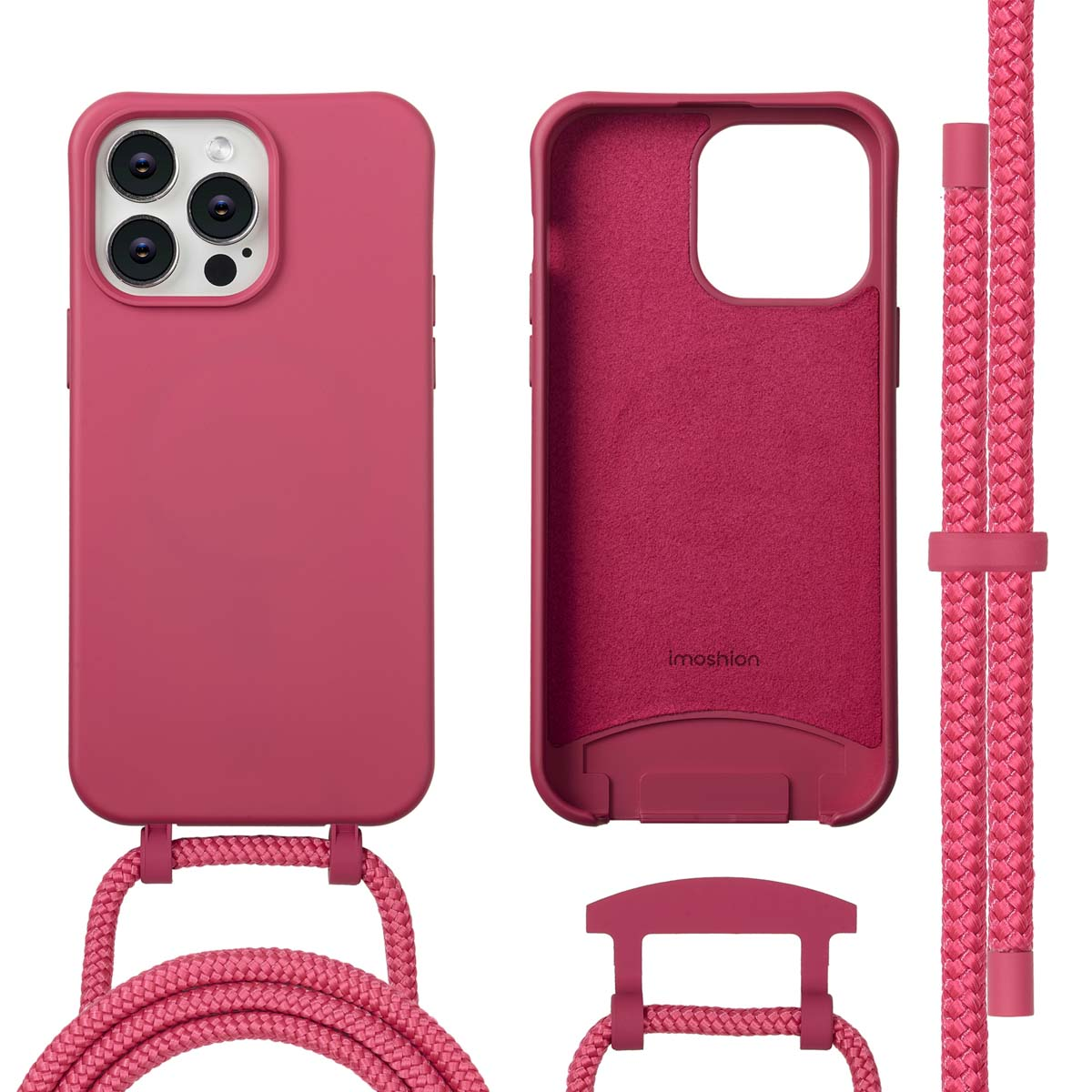 Une coque de téléphone rose, un intérieur rose, une sangle rose et un connecteur rose sont présentés. Le tout dans une configuration studio.