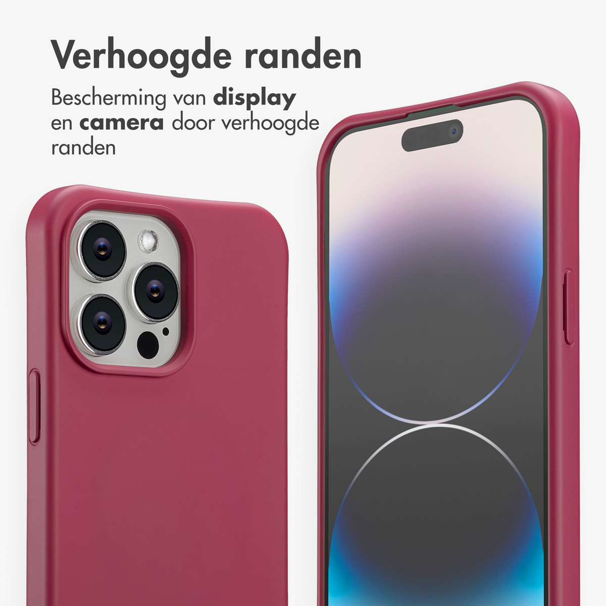 Deux coques de smartphone bordeaux. L'une montre les lentilles de l'appareil photo, l'autre l'écran. Le texte en néerlandais souligne les bords surélevés.