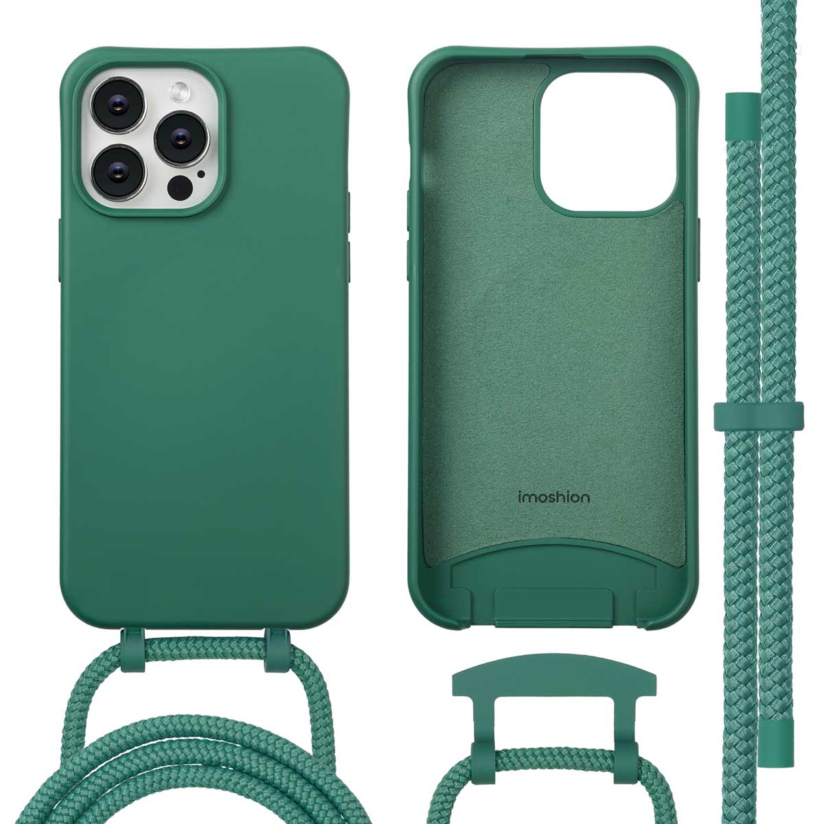 Groene telefoonhoesjeset met koord. Inclusief telefoonhoesje, binnenaanzicht, koord en houder. Alles in groen.
