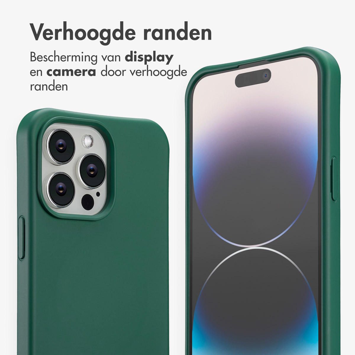 Twee groene telefoonhoesjes beschermen een telefoon. Eén toont de camera, de andere het scherm. Tekst: Verhoogde randen beschermen het scherm en camera.