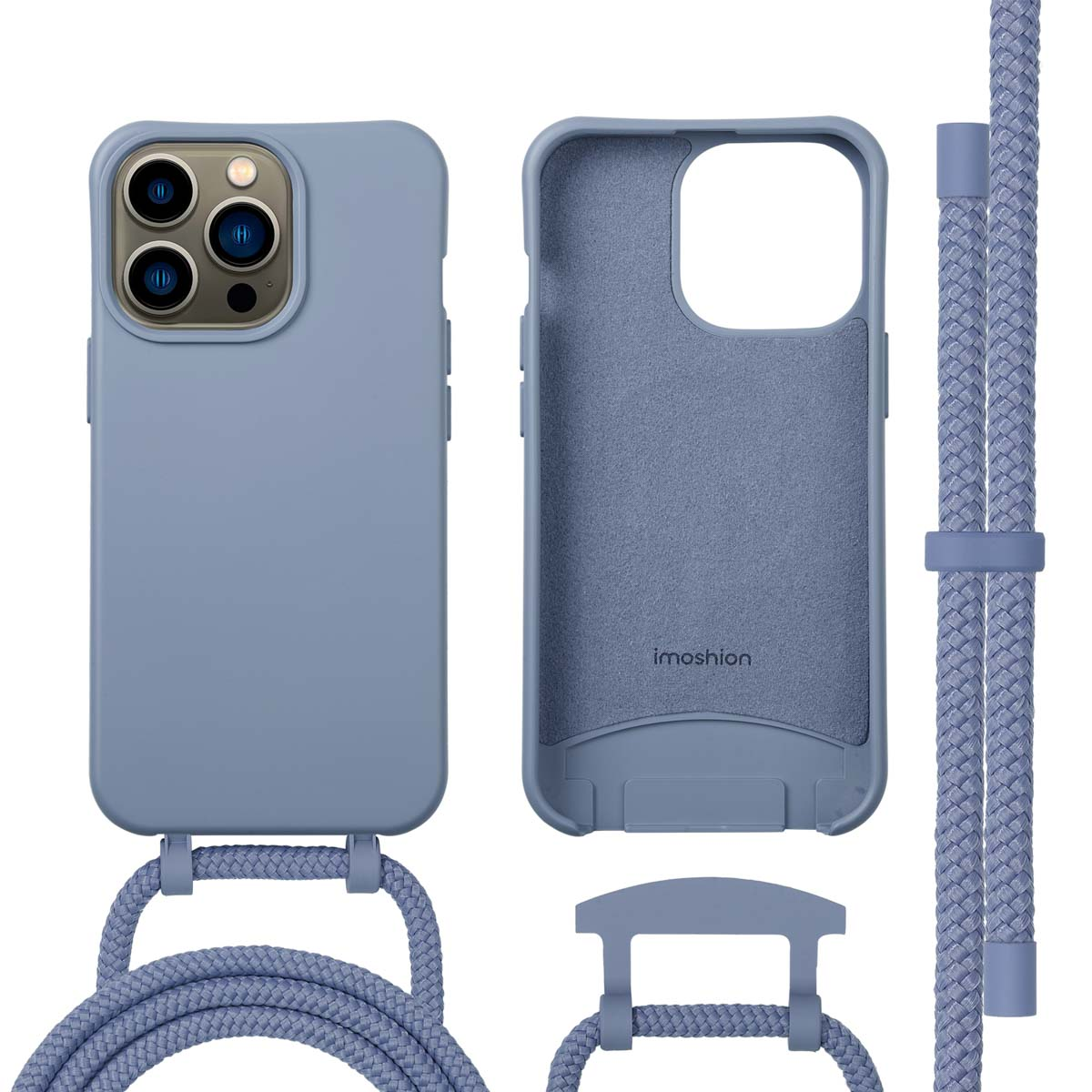 Een blauwe telefoonhoes met een gevlochten koord en bijpassend interieur wordt getoond, samen met de accessoires, allemaal met het 'imoshion' logo.
