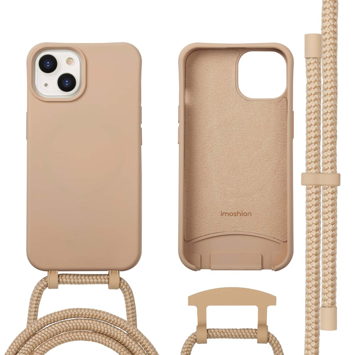 Beige telefoonhoesjesset. Inclusief een hoesje, binnenhoesje, touwriem en connector. De hoes heeft het imoshion-logo.