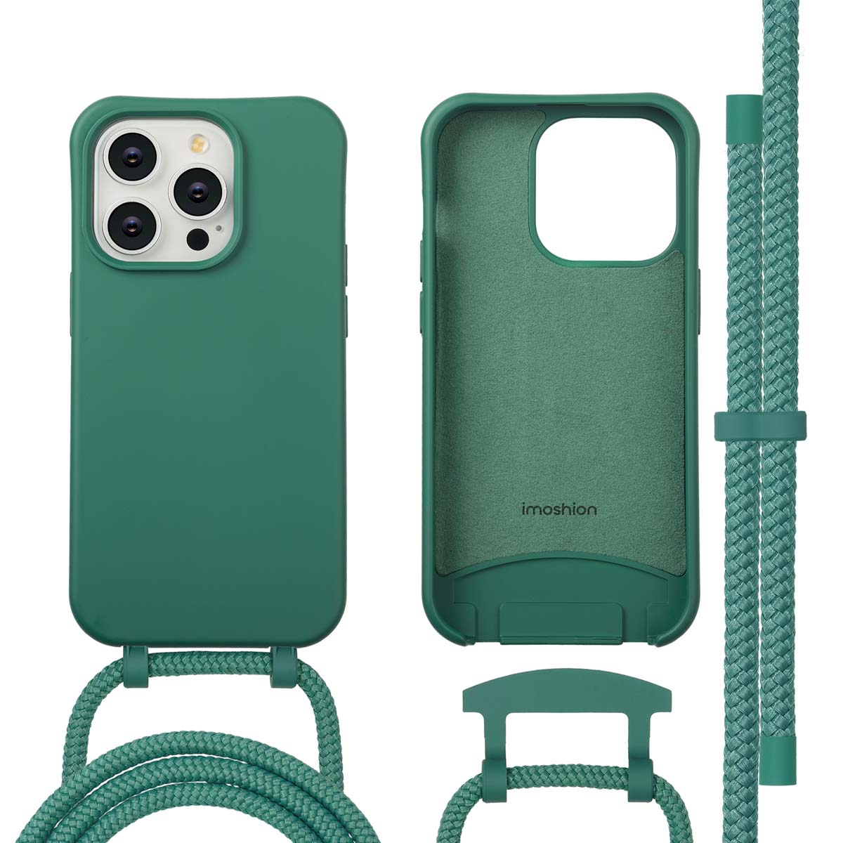 Groene telefoonhoes met koord, met voor- en achterkant, plus aparte koordonderdelen. De hoes is voor een iPhone.