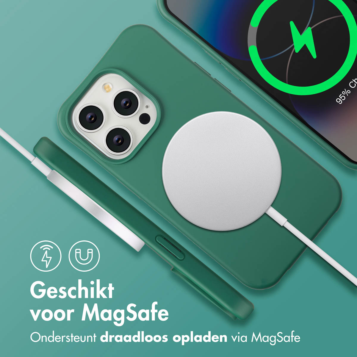 Groene telefoonhoes met MagSafe-oplader. Telefoon draadloos opladen. Tekst: Geschikt voor MagSafe. Ondersteunt draadloos opladen via MagSafe.