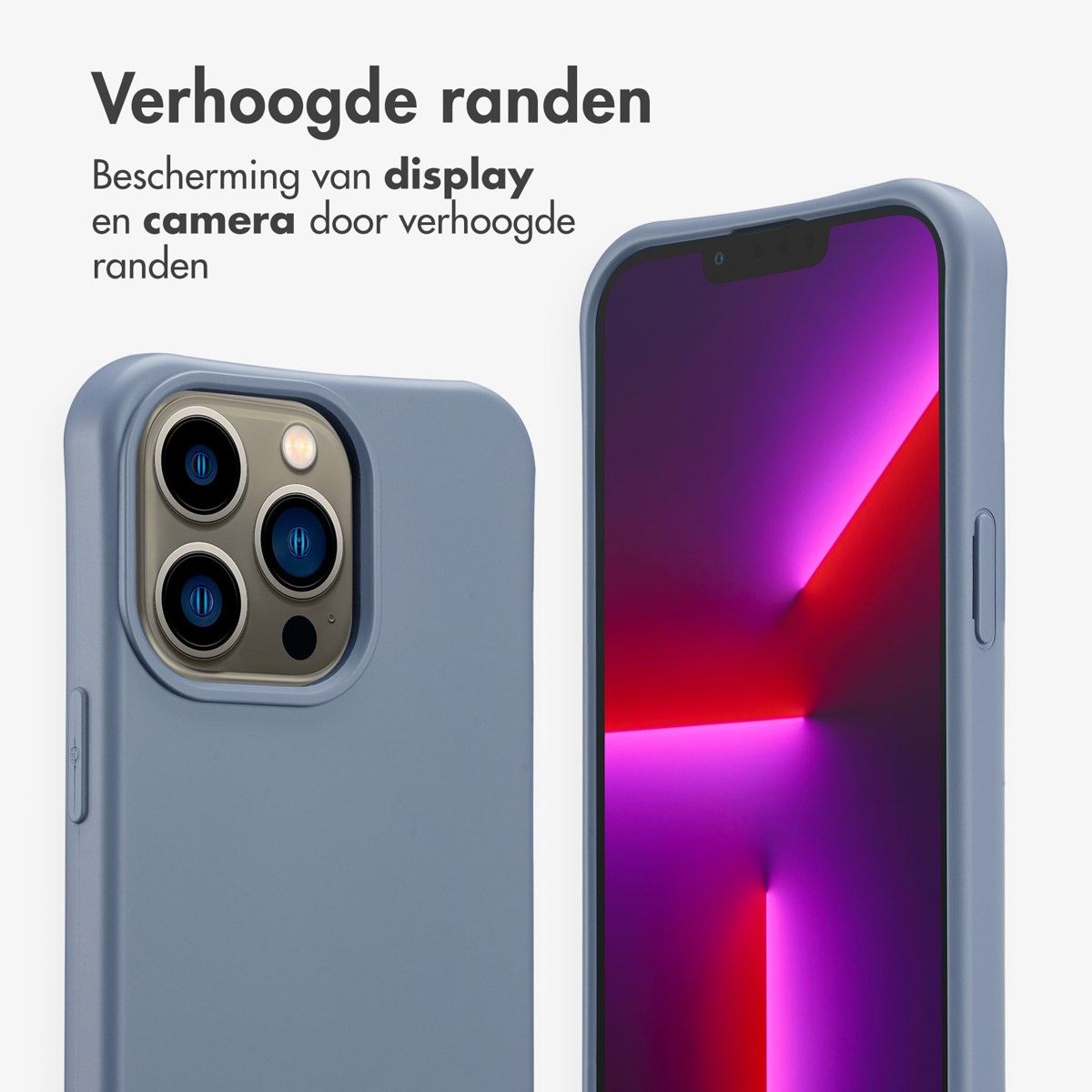 Twee blauwe telefoonhoesjes, één met cameralenzen, de andere met het scherm. Tekst bovenaan zegt 'Verhoogde randen'.