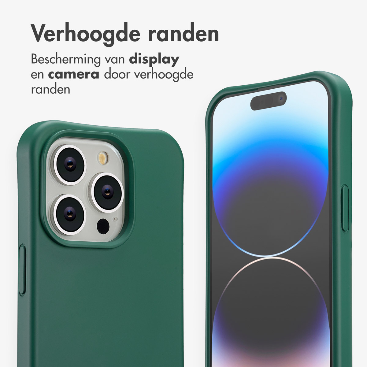 Groene telefoonhoes met verhoogde randen. Een telefoon zit erin, met de camera en het scherm zichtbaar, wat de bescherming benadrukt.