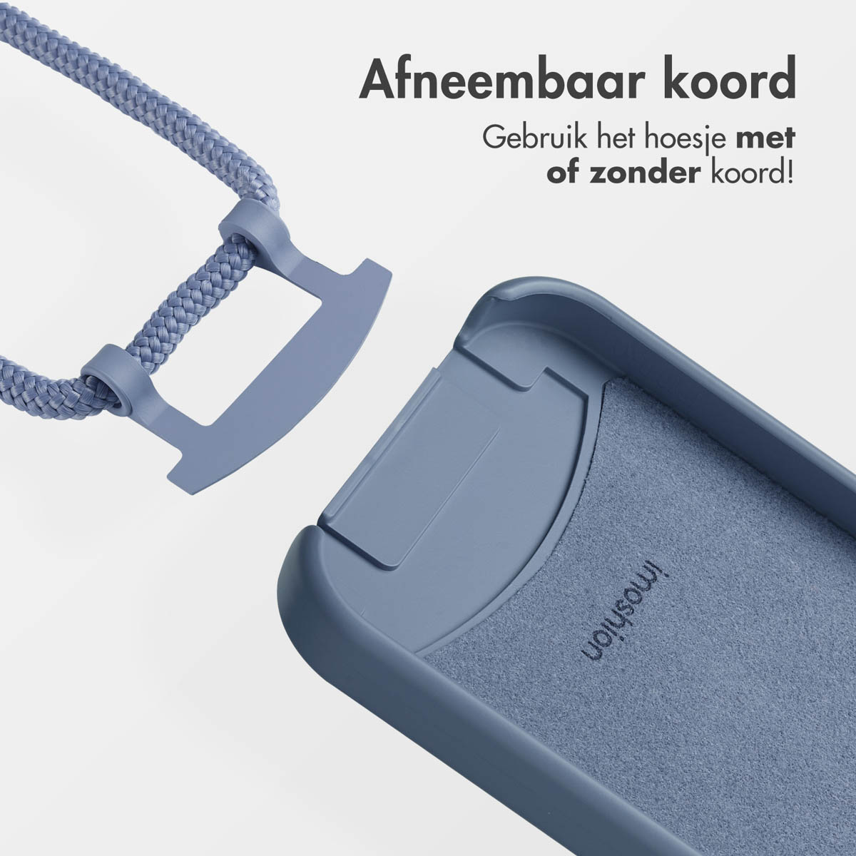 Blauwe telefoonhoes met afneembaar koord. Tekst: 'Afneembaar koord. Gebruik de case met of zonder het koord!'