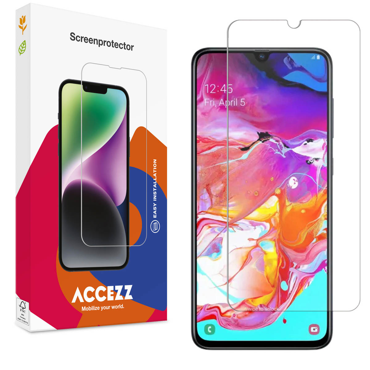 Una scatola di protezione schermo e un telefono con una protezione schermo. La scatola ha il marchio 'ACCEZZ' e il telefono mostra l'ora.