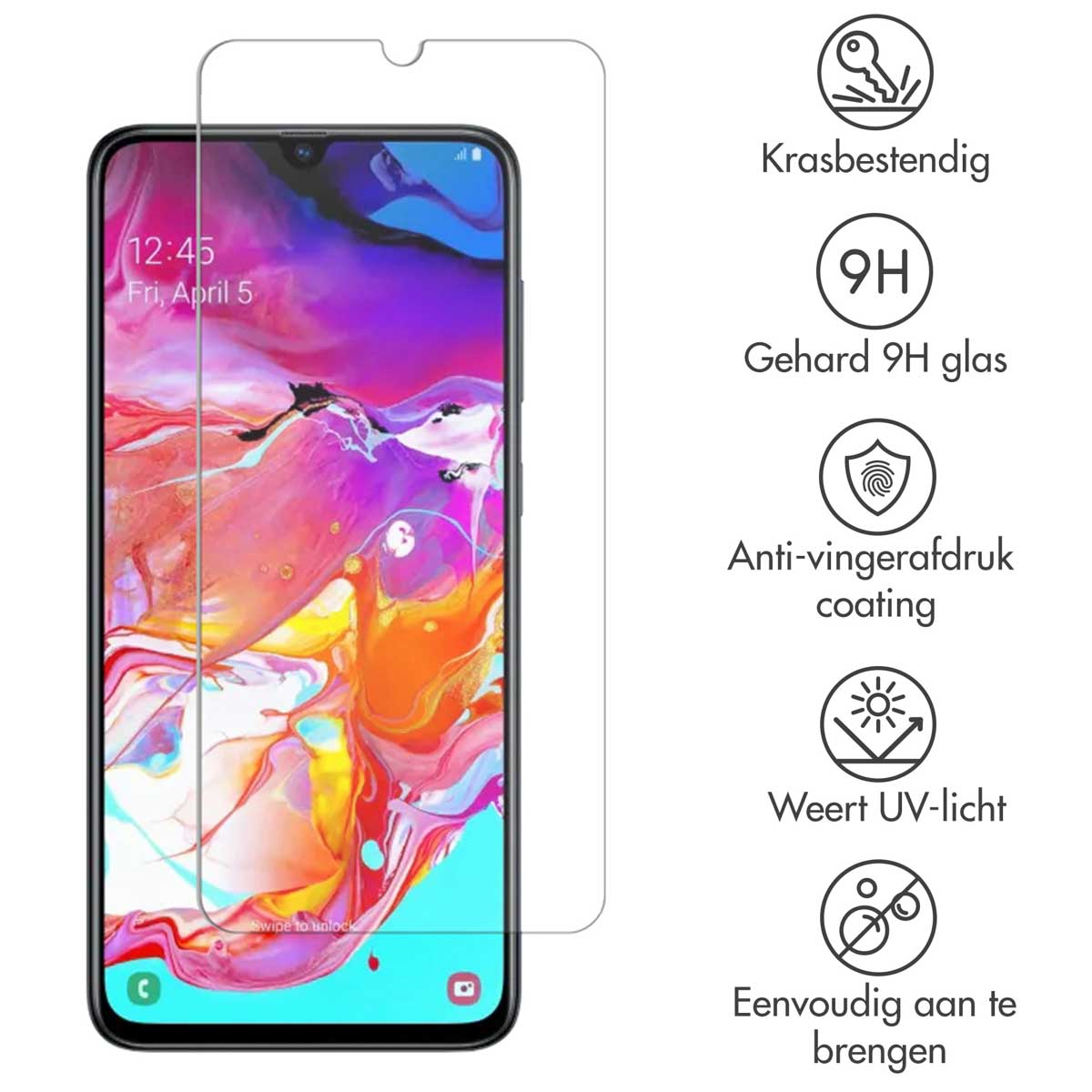 Uno smartphone con protezione schermo. Lo schermo mostra ora e data. Il testo a destra descrive resistenza ai graffi e funzioni.