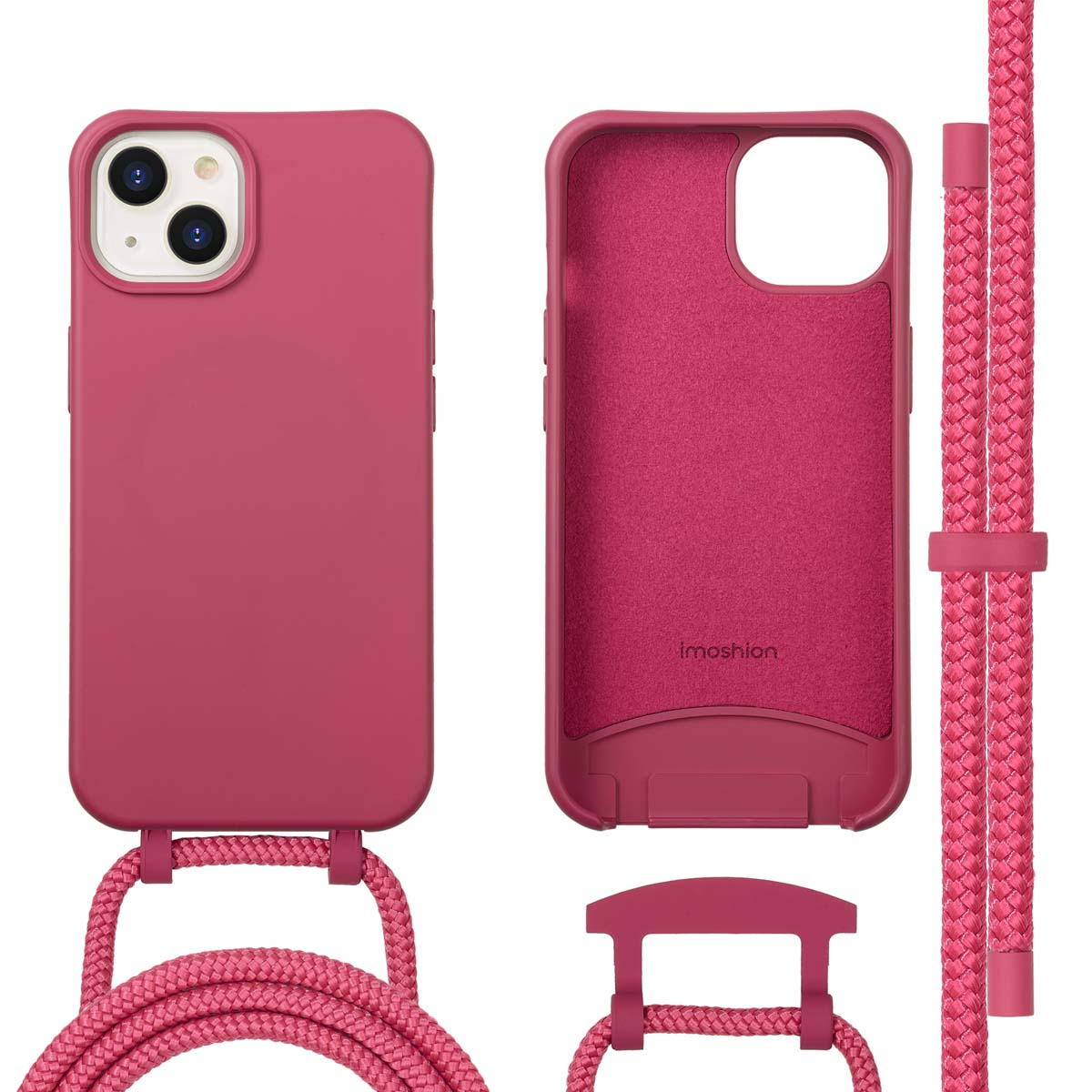 Roze telefoonhoesje met koord. Hoesje is open en dicht. Koord is roze, gevlochten en heeft een lus.