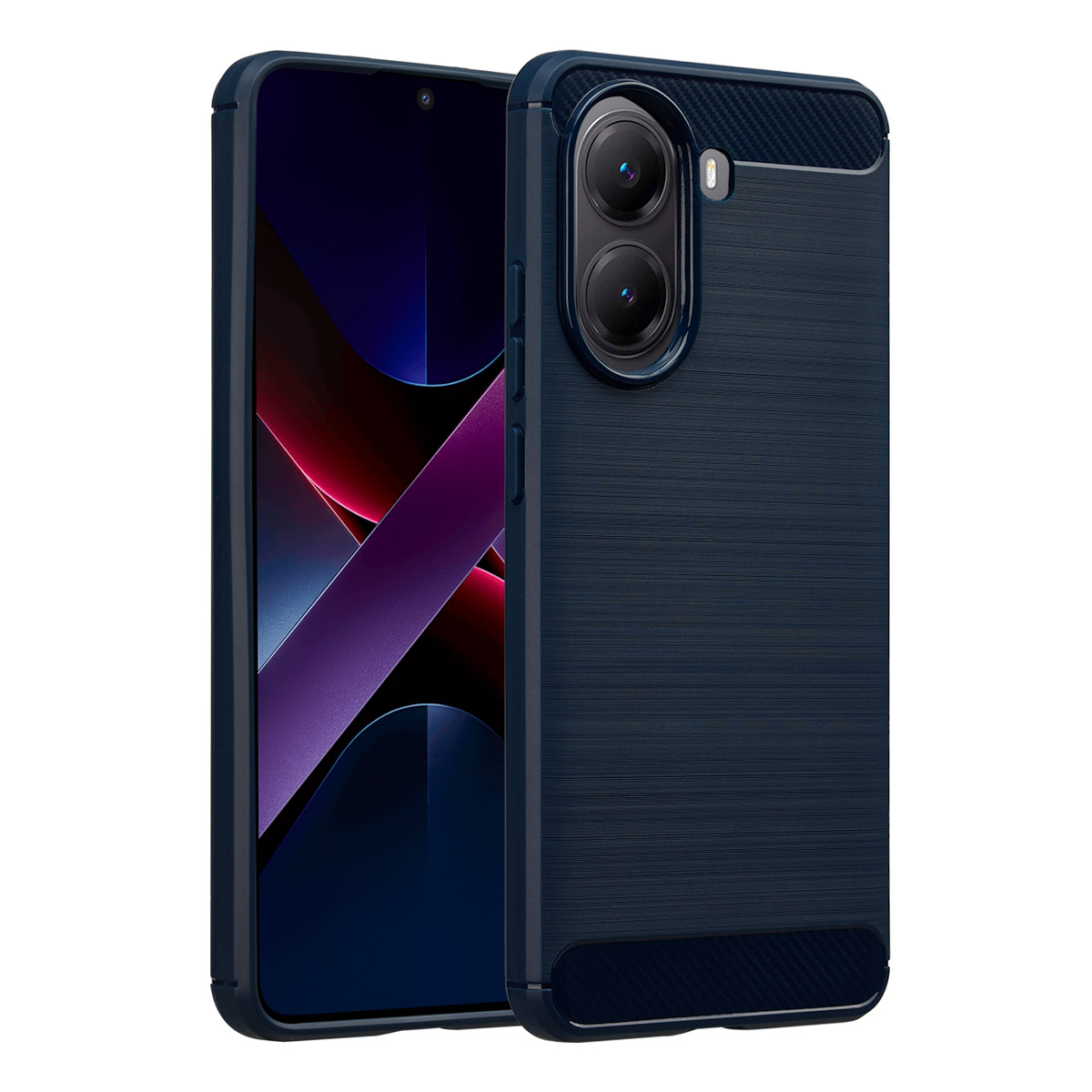 Una custodia e un telefono blu scuro. Lo schermo mostra uno sfondo scuro con forme rosse e blu. La custodia ha due fotocamere.