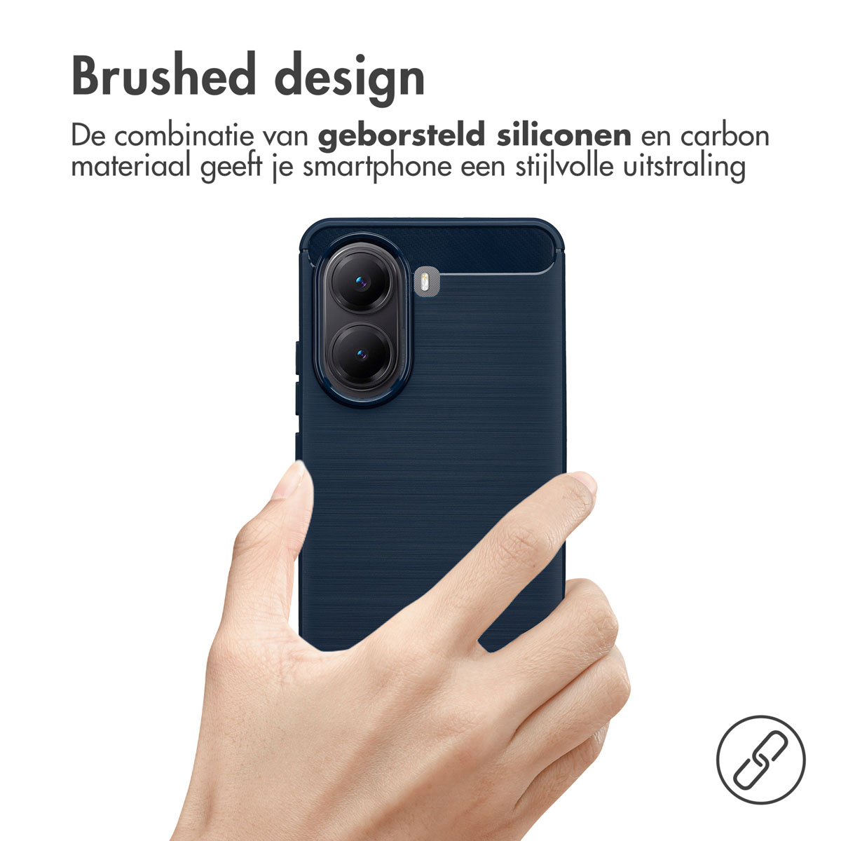 Mano che tiene una custodia per telefono blu scuro con un design spazzolato. Il testo in alto dice 'Brushed design'.