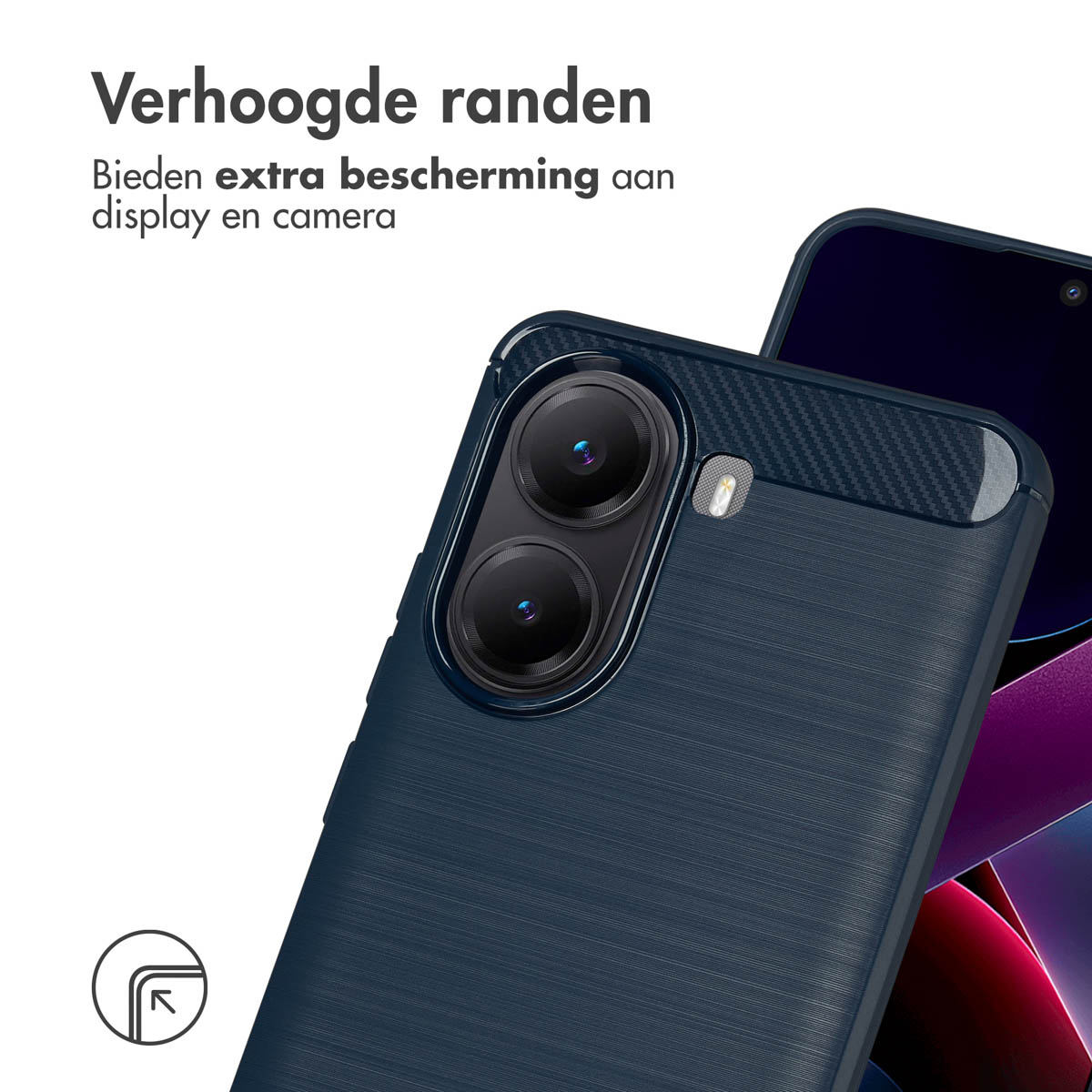 Custodia blu per telefono con bordi rialzati. Testo in olandese.