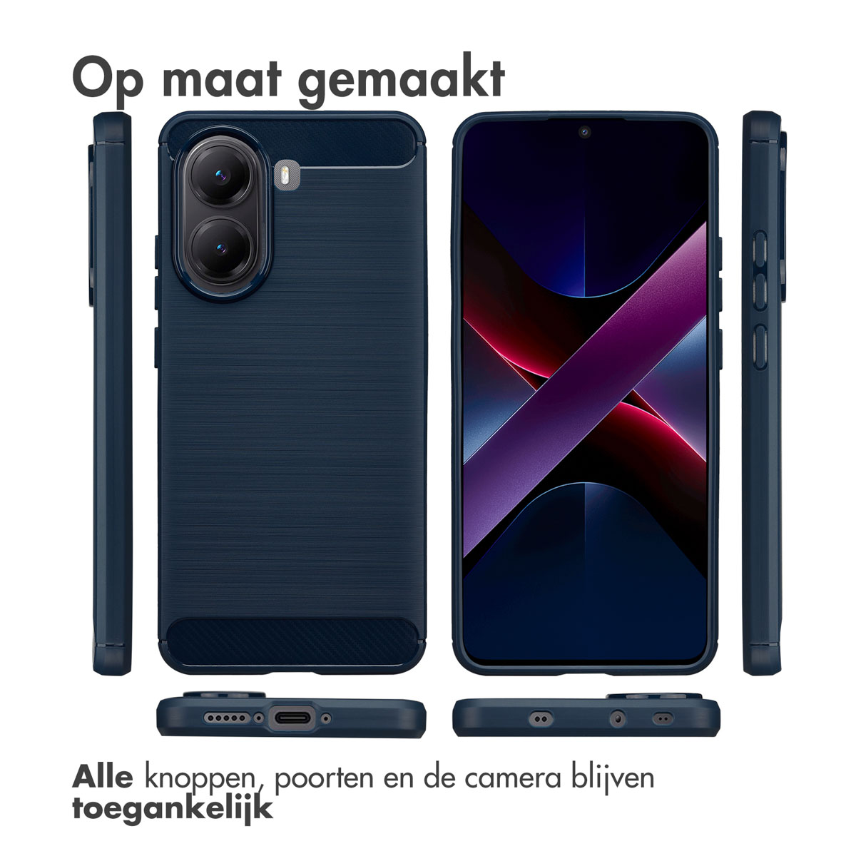 Un telefono con custodia blu scuro, con la scritta 'Op maat gemaakt' in alto. Il telefono è circondato dalla sua custodia.