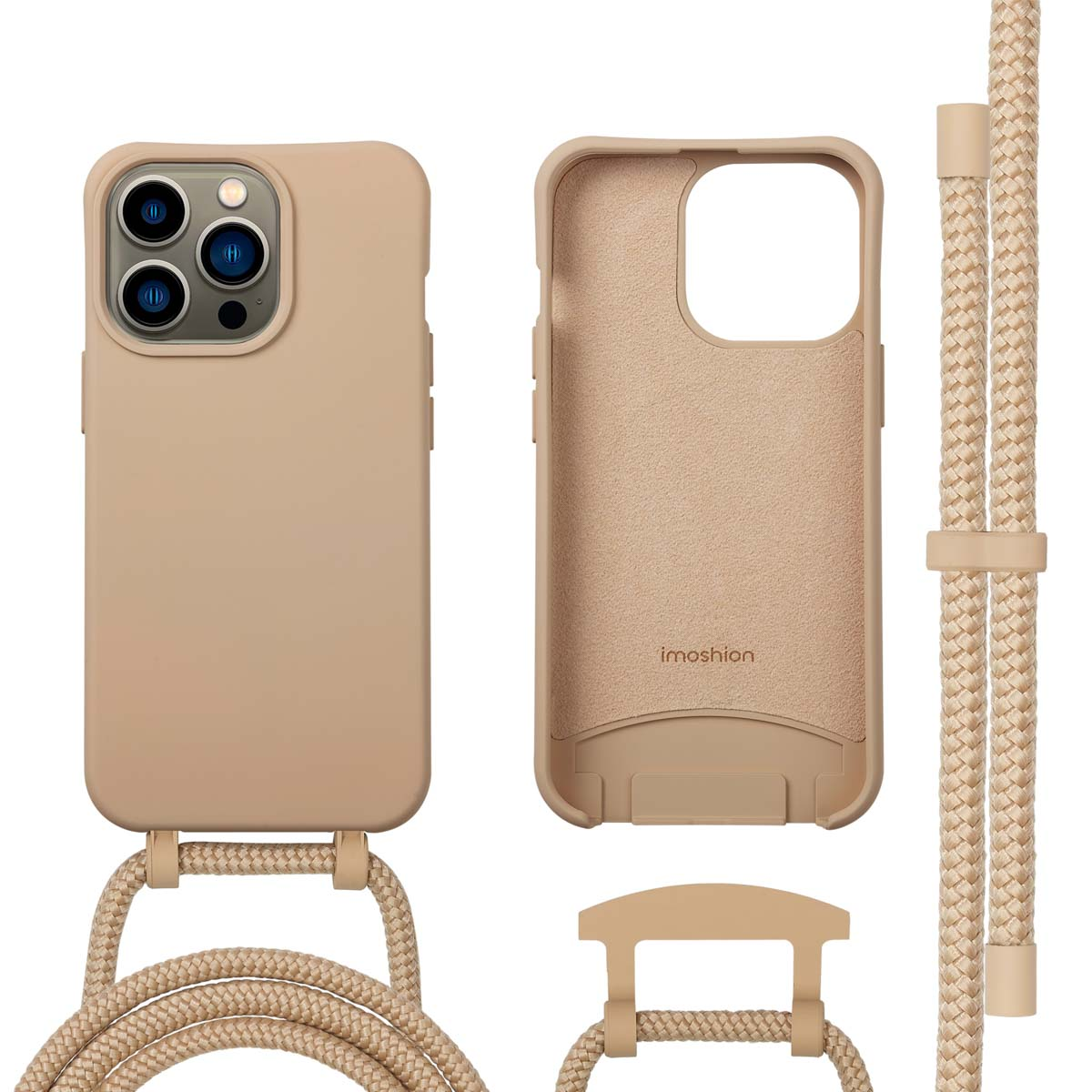 Een beige telefoonhoesje, met een bijpassend koord, een open hoesje en een aparte connector. De hoes heeft de merknaam 'imoshion'.