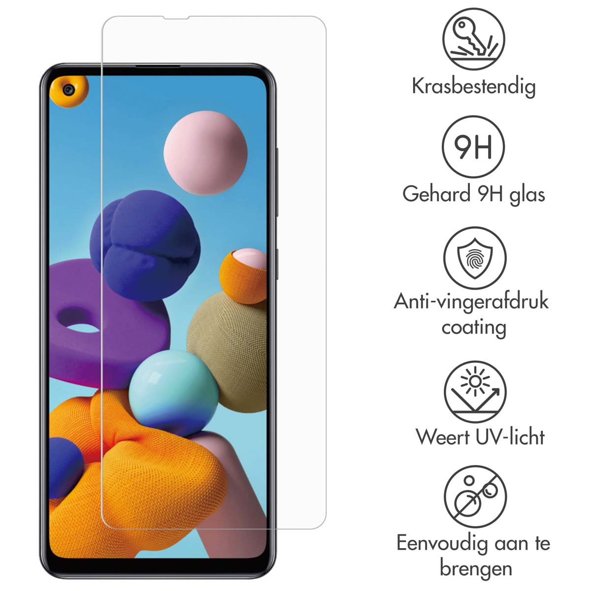 Een smartphone met een schermbeschermer en pictogrammen die functies aangeven zoals krasbestendigheid, 9H glas, anti-vingerafdruk, UV-bescherming en eenvoudige toepassing.