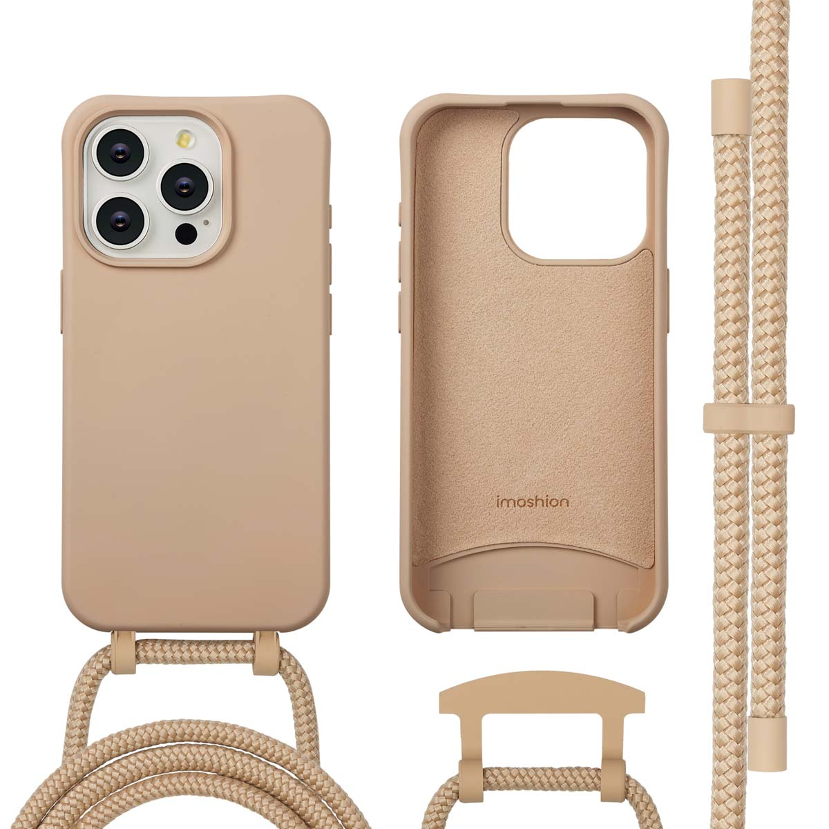 Een beige telefoonhoesje met een band, naast een open hoesje en bandcomponenten. Het merk 'imoshion' is gedrukt.