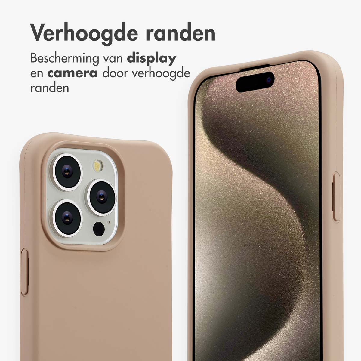 Twee beige telefoonhoesjes met een scherm. Tekst boven zegt 'Verhoogde randen' en 'Bescherming van display en camera'.