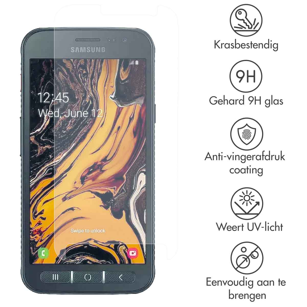 Un téléphone Samsung avec protecteur d'écran. Le texte sur le téléphone indique '12:45, Wed, June 12'. Fonctionnalités énumérées à droite.