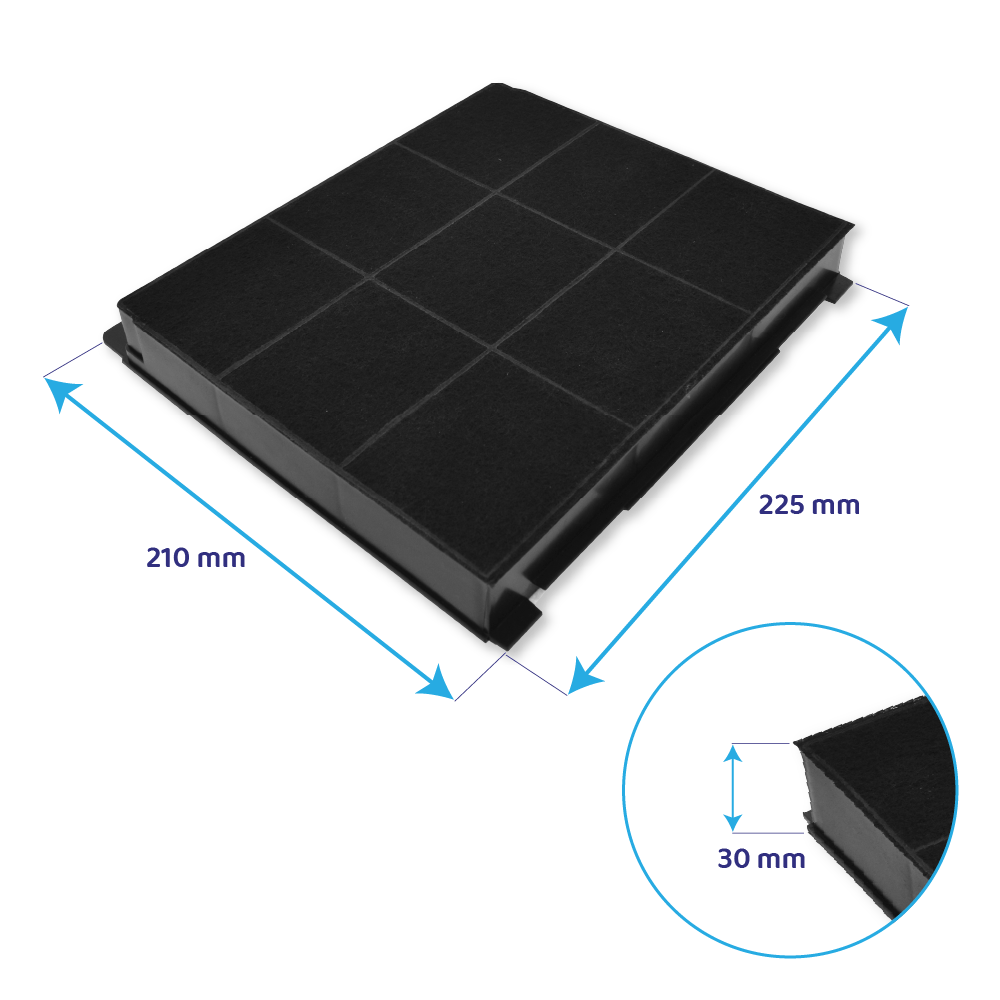 Czarny prostokątny filtr powietrza o wymiarach: 210 mm x 225 mm x 30 mm. Ma wzór kratki i zbliżenie.