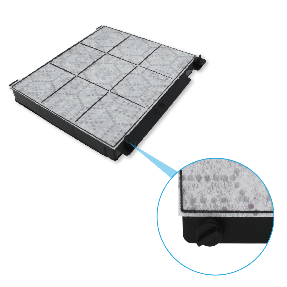 Prostokątny filtr powietrza z wzorem kratki. Okrągła wstawka pokazuje szczegóły materiału filtrującego i czarne pokrętło.