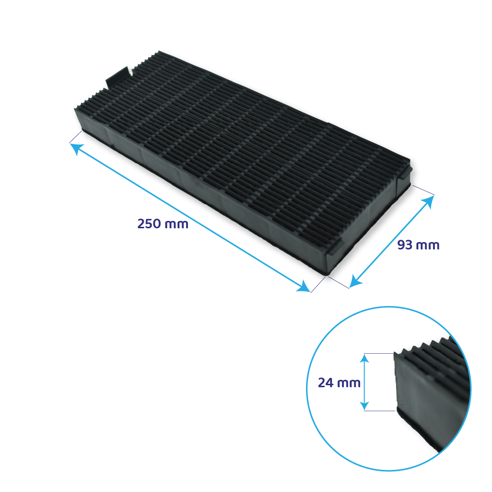 Schwarzer rechteckiger Luftfilter mit Maßangaben. Länge: 250 mm, Breite: 93 mm, Höhe: 24 mm. Detailansicht in einem Kreis.