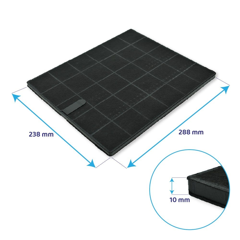 Prostokątny czarny filtr powietrza z wzorem kratki. Wymiary to 238 mm x 288 mm x 10 mm. Strzałki i wymiary są oznaczone.