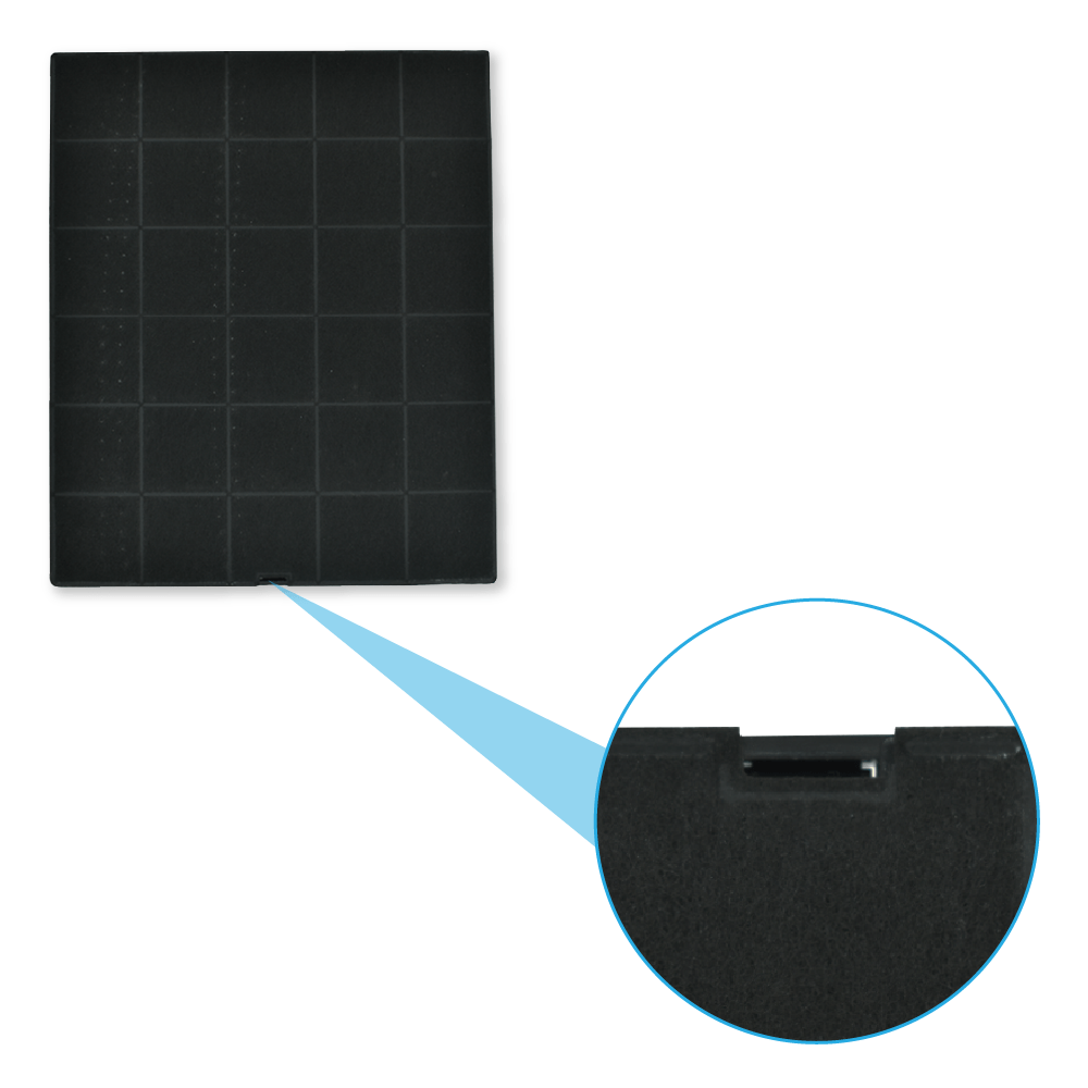 Czarny kwadratowy filtr z wzorem kratki. Powiększony widok pokazuje szczelinę na dolnej krawędzi. Niebieskie podświetlenie.