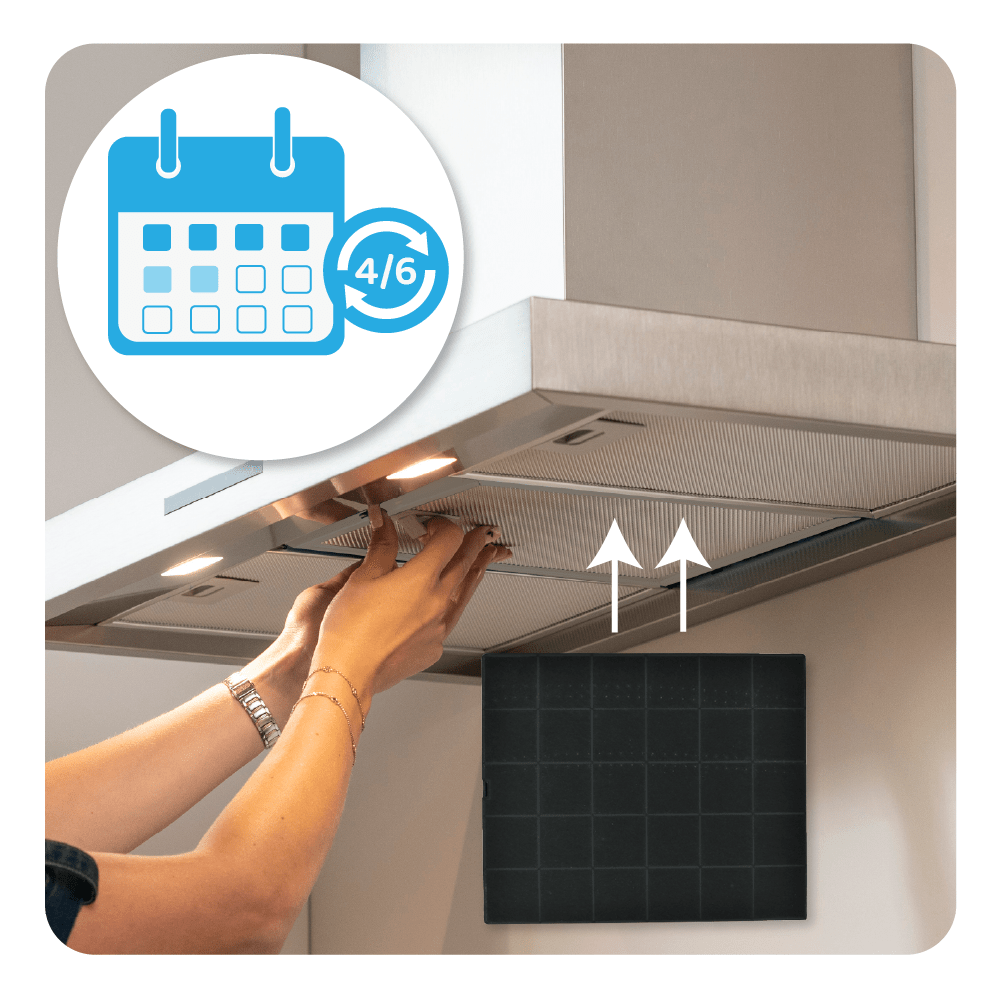 Ręce wyjmują filtr z okapu kuchennego. Strzałki wskazują ruch w górę. Ikona kalendarza pokazuje 4/6. Nowy czarny filtr po prawej.