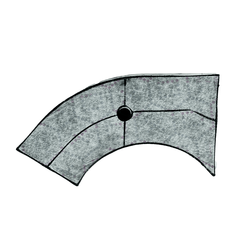Abstraktes Bild vor grünem Hintergrund. Das Bild ist eine graue Form mit schwarzen Linien und einem schwarzen Punkt in der Mitte.