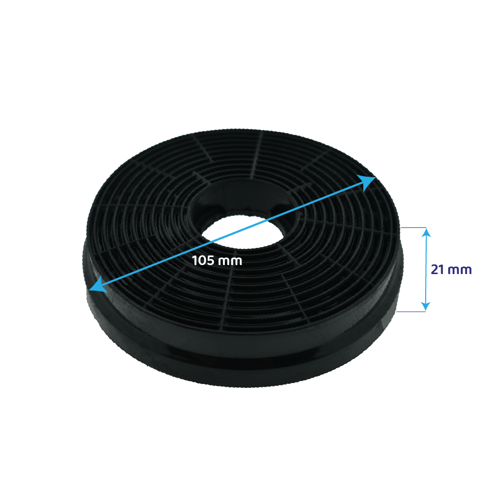 Czarny, okrągły filtr węglowy. Wymiary: średnica 105 mm, wysokość 21 mm. Posiada centralny otwór i wzór kratki.